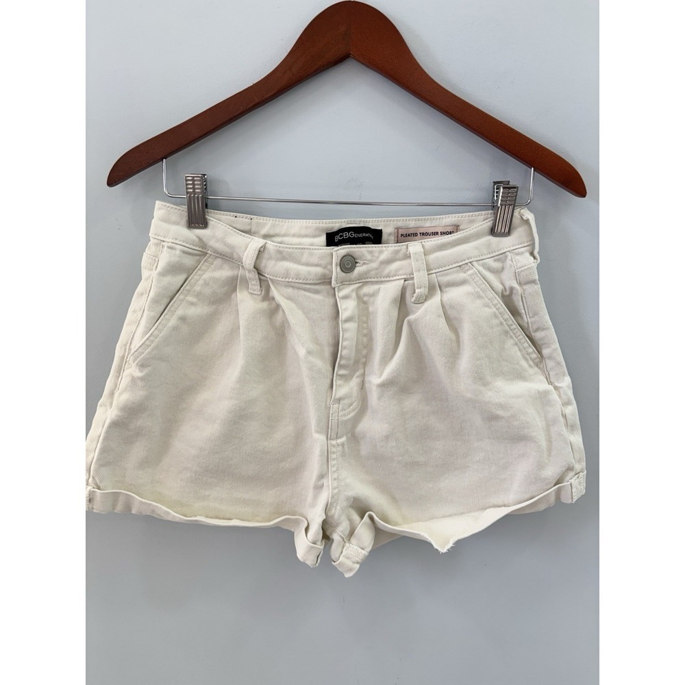 BCBG Generation White Pleated Trouser Shorts 9/29 High Rise Cuffed Cotton - Picture 3 of 9